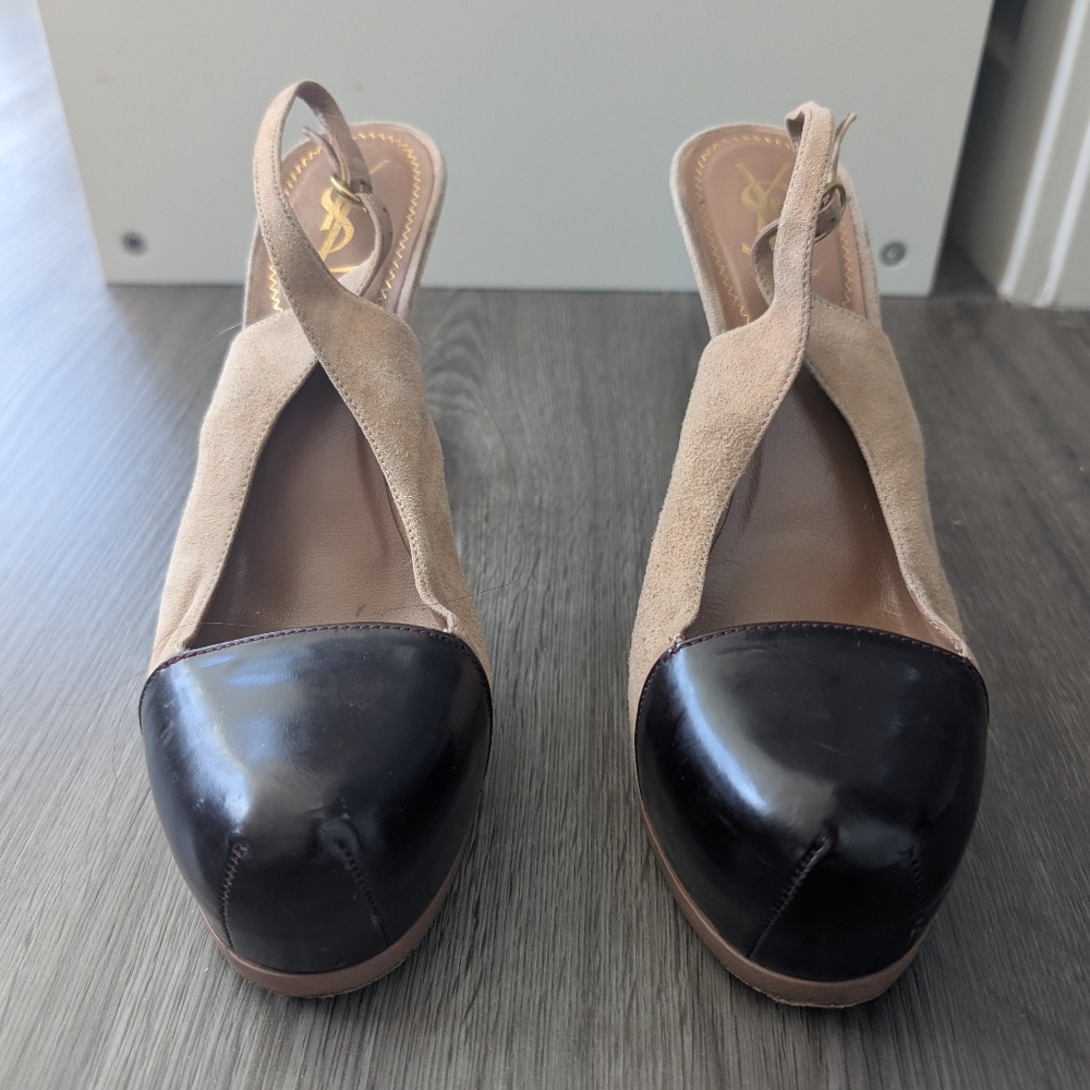 Yves Saint Laurent Tan and Black Mules